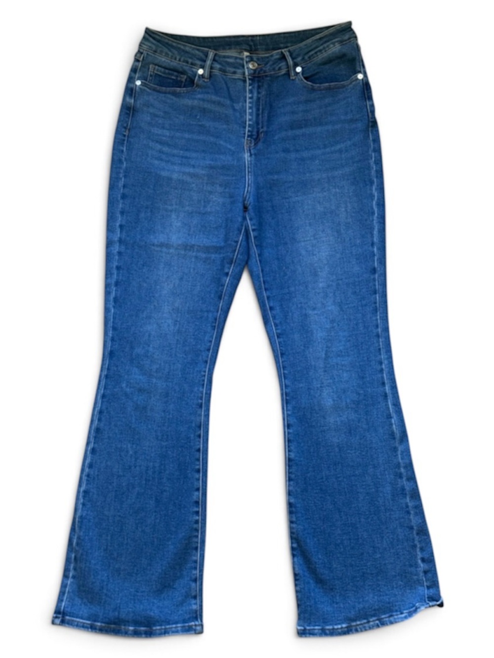 Oat New York Women's High-rise flare jeans in medium blue denim. Size 8